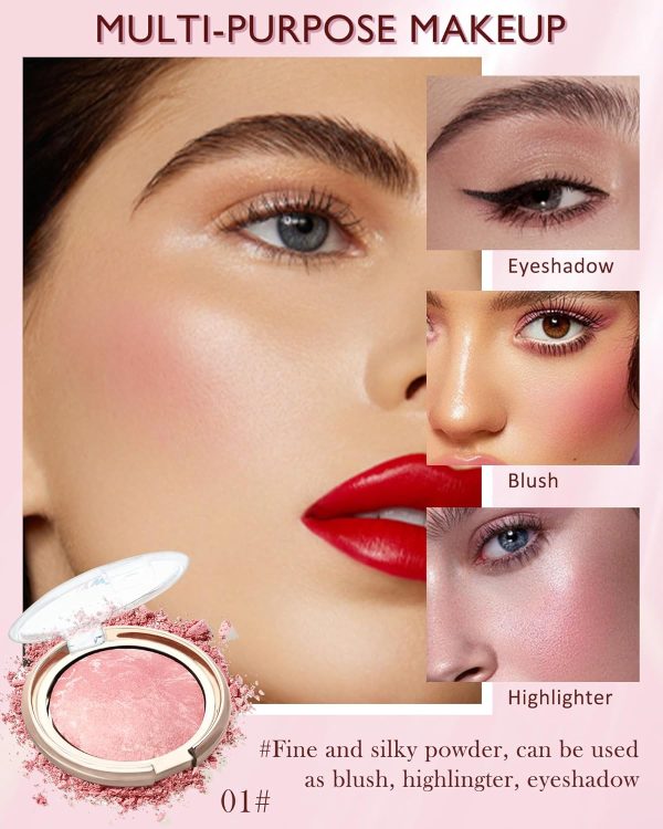 Baked Blush-Brighten Lighting Glow Marbleized Blush Powder Palette, Cruelty-Free Powder Blush, Eyeshadow & Highlight for a Lightweight Shimmery Satin Face Makeup, Gift for Women (0.49Ounce)-01#Peachy - Image 2