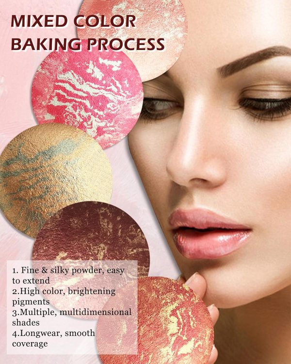 Baked Blush-Brighten Lighting Glow Marbleized Blush Powder Palette, Cruelty-Free Powder Blush, Eyeshadow & Highlight for a Lightweight Shimmery Satin Face Makeup, Gift for Women (0.49Ounce)-01#Peachy - Image 5